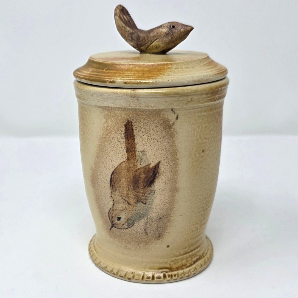 Bird Design Handthrown Pottery Lidded Jar Storage Decor Brown Farmhouse Rustic